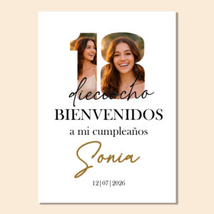 cartel de bienvenida para cumpleaños personalizado con fotos (18, 30, 40, 50 y más)